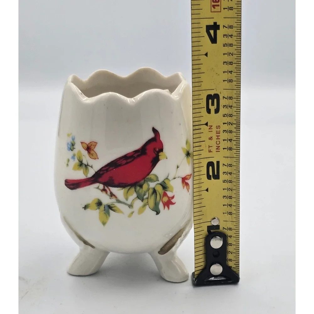 3-Footed Cardinal Ceramic Egg‎ Shaped Scalloped Rim Planter Vase Cup 3